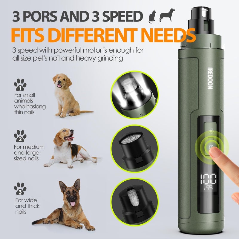 IREDOON Dog Nail Grinder Upgraded - Professional 3-Speed Super Quiet and Low Vibration Electric Pet Nail Grinder with 4 LED Lights - Painless Paws Grooming & Smoothing for Small to Large Dogs (Green) - Image 2